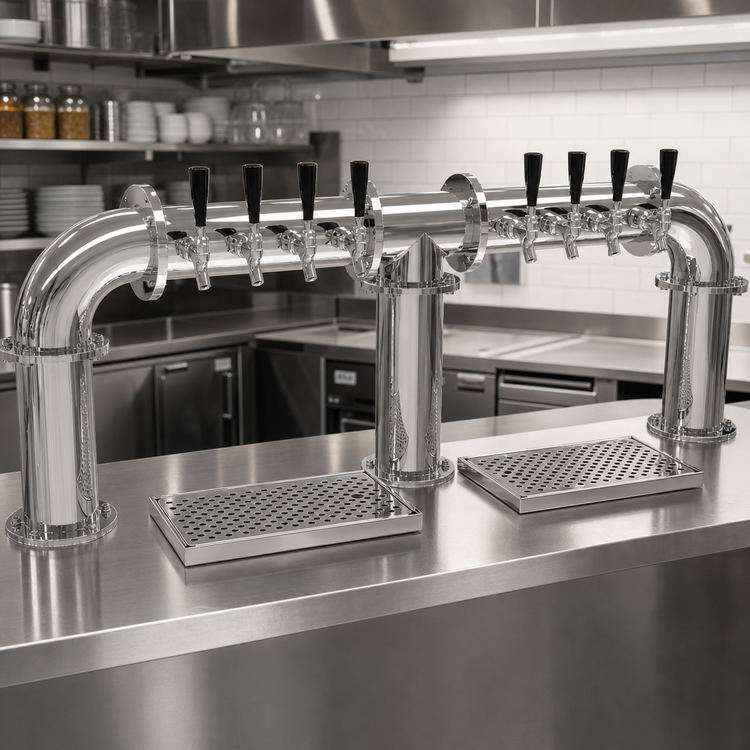 Product image #2 for 3-Column 8-Faucet Countertop Pipe Bridge Draft Dispensing Tower, Glycol-Cooled, Mirror Finish