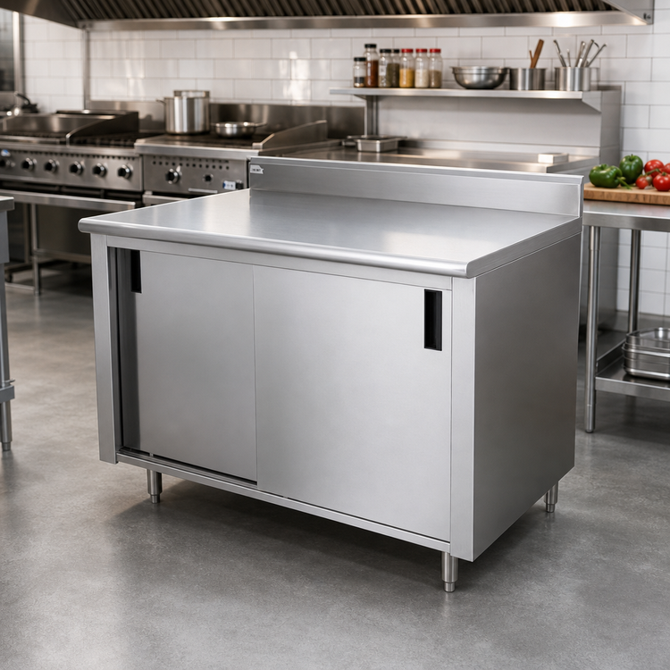 Product image #2 for Advance Tabco 48-Inch x 30-Inch Enclosed Work Table with 14-Gauge 304 Stainless Steel Top, Cabinet Base, Sliding Doors, Mid-Shelf, and 5-Inch Backsplash