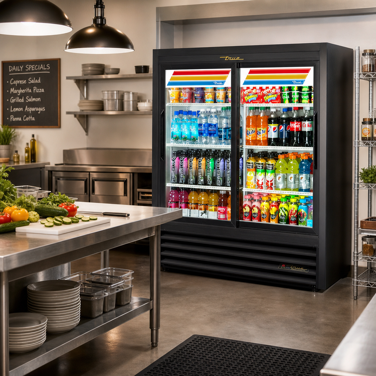 Product image #2 for True Two-Section Narrow-Depth Sliding Glass Door Merchandiser Refrigerator with LED Lighting