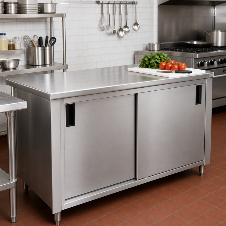 Product image #2 for Advance Tabco Special Value Economy Enclosed Work Table with Sliding Door Cabinet Base, 108 x 24 Inches, 16-Gauge 304 Stainless Steel Top