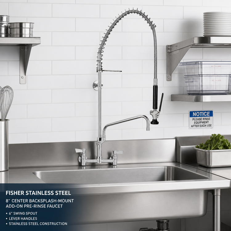 Product image #2 for Fisher Stainless Steel 8" Center Backsplash-Mount Add-On Pre-Rinse Faucet with 6" Swing Spout and Lever Handles