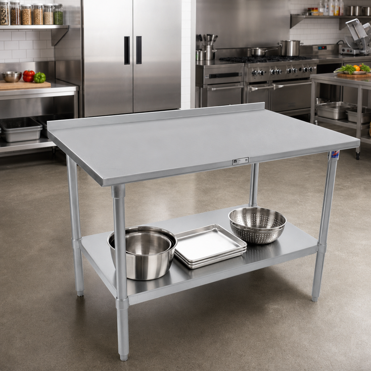 Product image #2 for John Boos Stallion 60" x 30" 16-Gauge 300-Series Stainless Steel Work Table with 1-1/2" Rear Up-Turn and Adjustable Undershelf