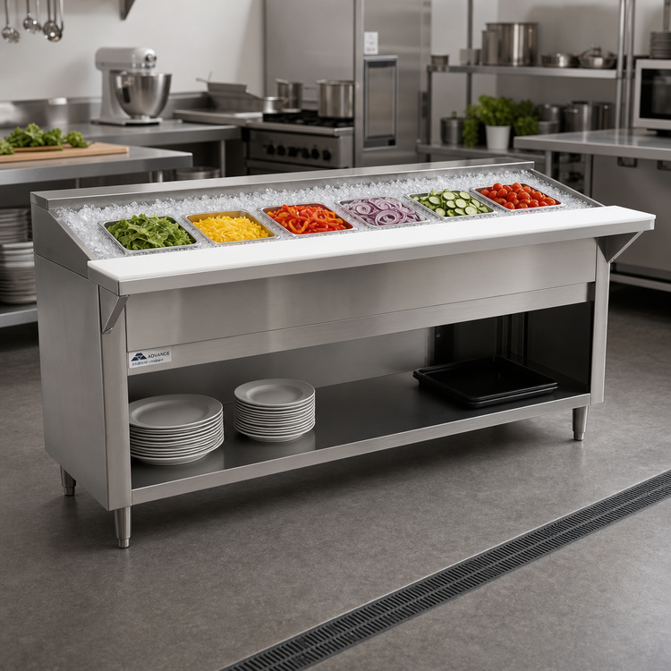 Product image #2 for Advance Tabco Triumph Supreme 5-Pan Ice Cooled Serving Counter with Removable Cutting Board