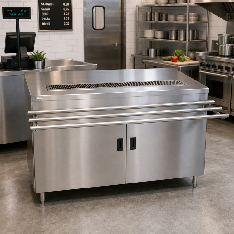 Product image #2 for Cashier-Serve Stainless Steel Counter with Hinged Doors and Built-In Urn Trough, 72W x 30D