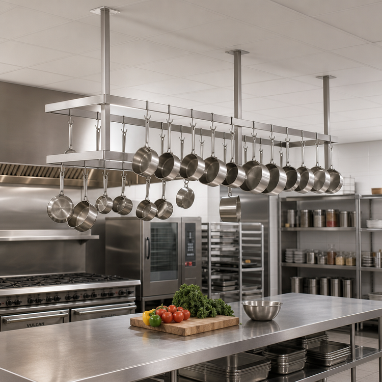 Product image #2 for John Boos Ceiling-Mounted Square Triple-Bar Stainless Steel Pot Rack with 36 Double Hooks, 139-1/4 Inch W x 18 Inch D x 48 Inch H