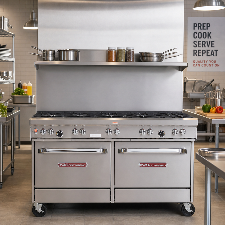 Product image #2 for Southbend Ultimate 60-Inch Gas Restaurant Range with 8 Open Burners, 2 Standard Ovens, and Backriser Hi-Shelf