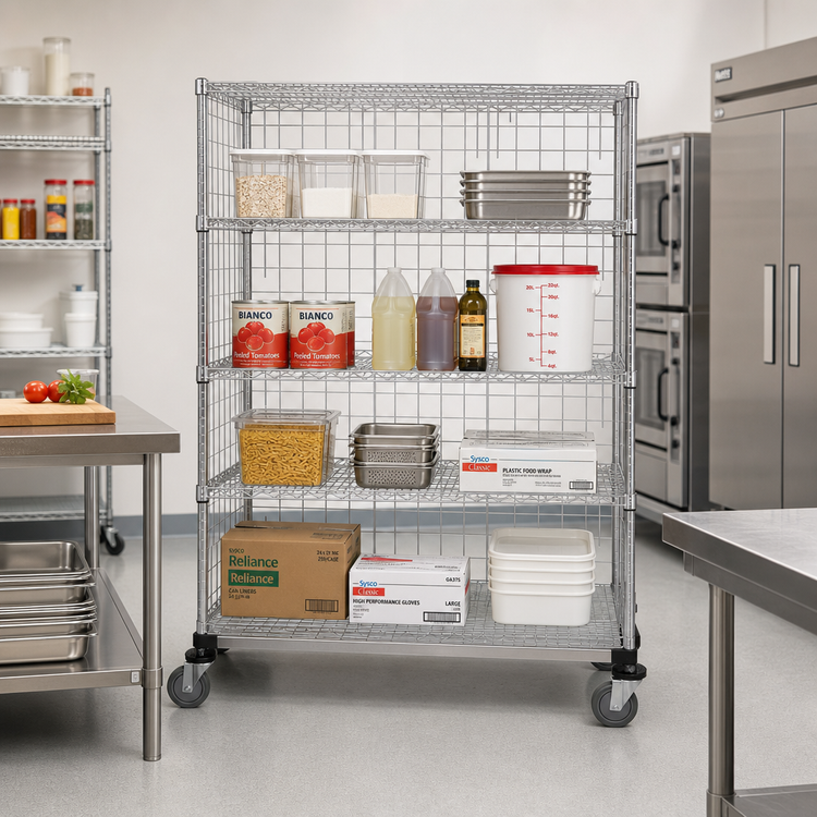 Product image #2 for Quantum Mobile Wire Enclosed Cart, 60 x 24 x 80 Inches, 5 Shelves, Chrome Plated