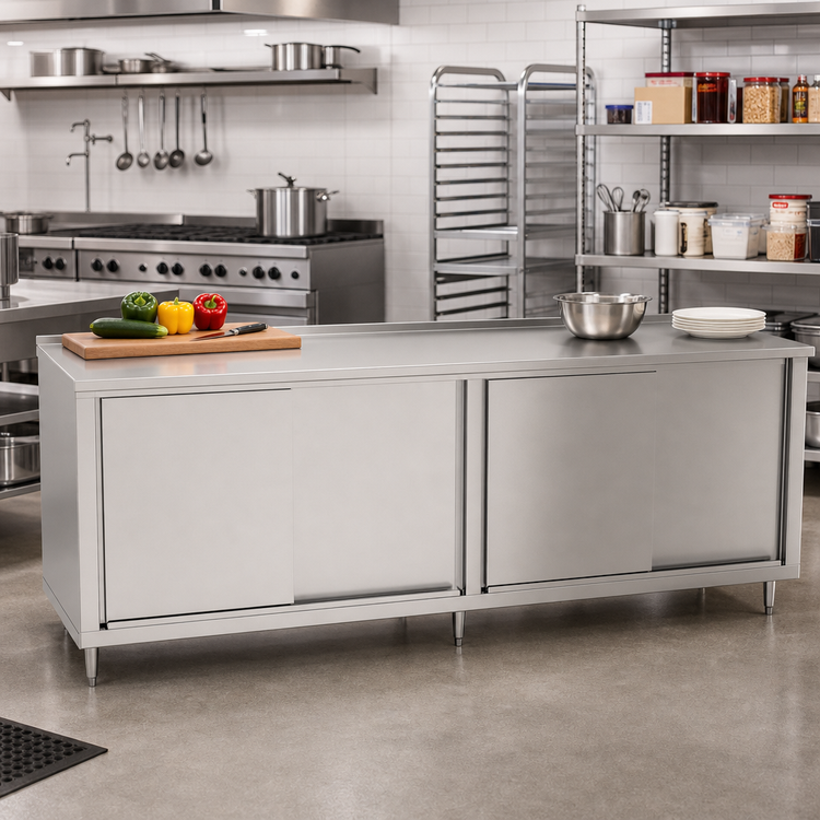 Product image #2 for John Boos Cabinet Base Enclosed Work Table with Sliding Doors, 108 x 24 Inches, 16/300 Stainless Steel Top