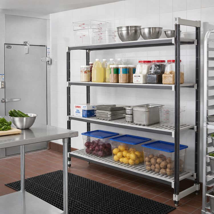Product image #2 for Cambro Camshelving Elements XTRA 4-Shelf Stationary Add-On Polymer Shelving Unit, 18" Deep x 60" Wide x 84" High, Speckled Gray