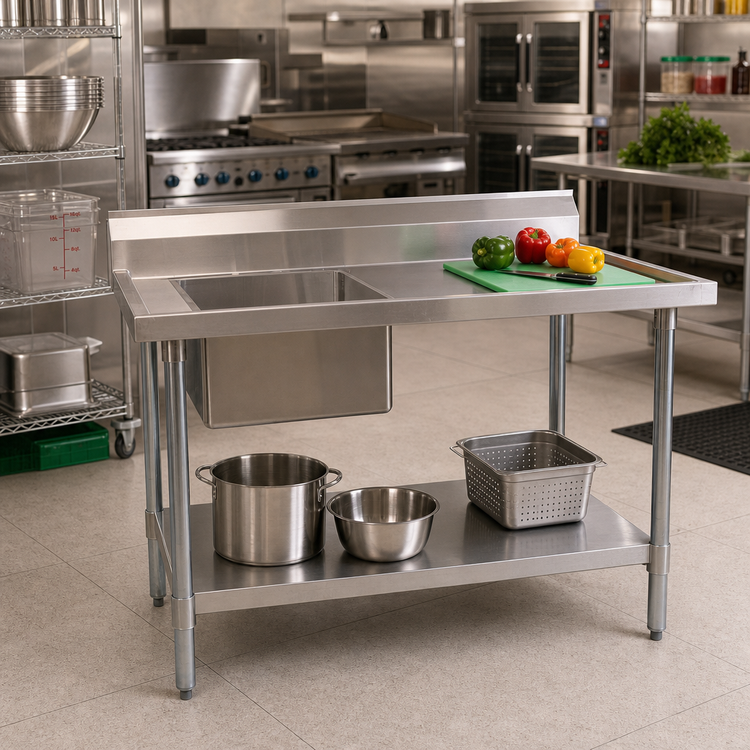 Product image #2 for BK Resources 48-Inch x 30-Inch Stainless Steel Prep Sink Work Table with Left Sink, Backsplash, and Undershelf