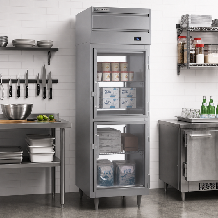 Product image #2 for Beverage-Air P Series One-Section Top-Mount Pass-Thru Freezer with 4 Half Glass Doors, 22.9 Cu. Ft.