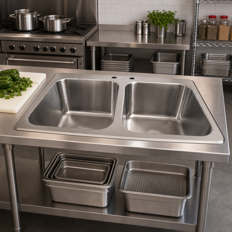 Product image #2 for BK Resources Two-Compartment 18-Gauge 304 Stainless Steel Drop-In Sink with 14 x 16 x 10 Inch Bowls