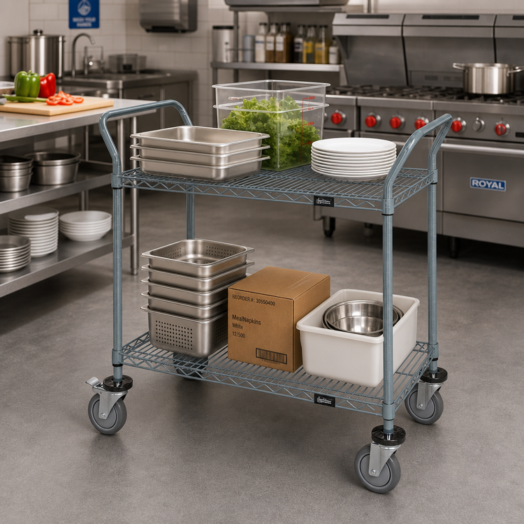 Product image #2 for Quantum Gray Epoxy Antimicrobial Utility Bus Cart with 2 Wire Shelves, 1200 lb. Capacity