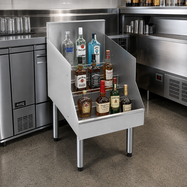 Product image #2 for CHOICE Freestanding Stainless Steel Underbar Liquor Steps with Bottle Retaining Rails, 18 x 24 Inches, 5-Step