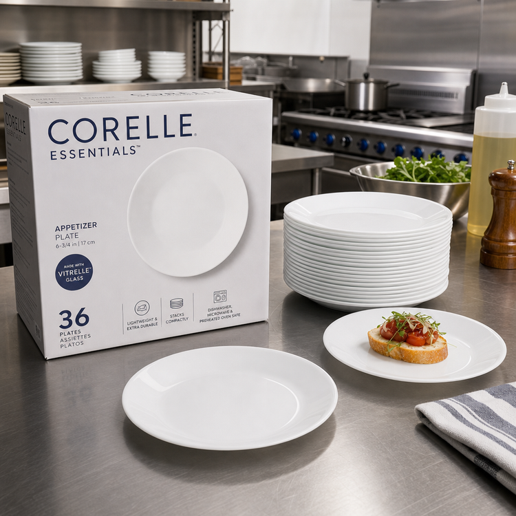 Product image #2 for Corelle Essentials Round Vitrelle Glass Appetizer Plate, 6-3/4 Inch, White, Case of 36