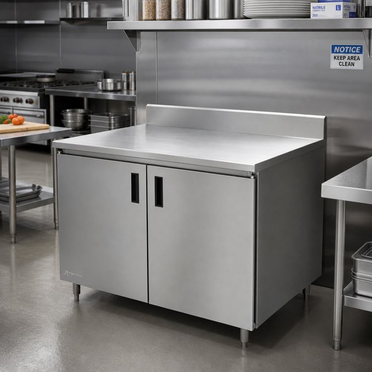 Product image #2 for Advance Tabco Enclosed Stainless Steel Work Table, 60-Inch x 30-Inch, Cabinet Base, 14-Gauge 304 Top, 5-Inch Backsplash
