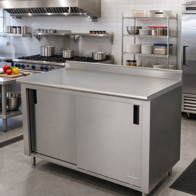 Product image #2 for Advance Tabco 108-Inch x 30-Inch Enclosed Work Table with Cabinet Base, Sliding Doors, 14-Gauge 304 Stainless Steel Top, and 1-1/2-Inch Rear Up-Turn