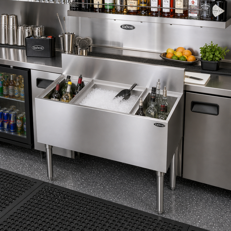Product image #2 for Krowne Royal Series 34-Inch Underbar Speed Multi Station with 18-Inch Center Ice Bin and Dual 8-Inch Insulated Bottle Wells