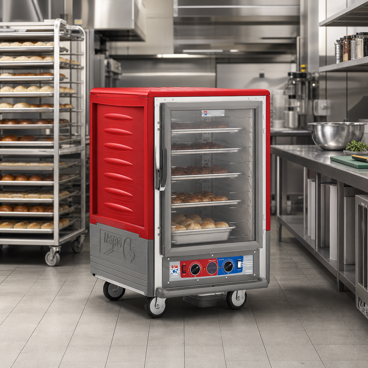 Product image #2 for Metro C5 3 Series Half-Height Mobile Heated Holding & Proofing Cabinet with Insulation Armour, Combination Module, Clear Polycarbonate Door, Universal Wire Slides, Red