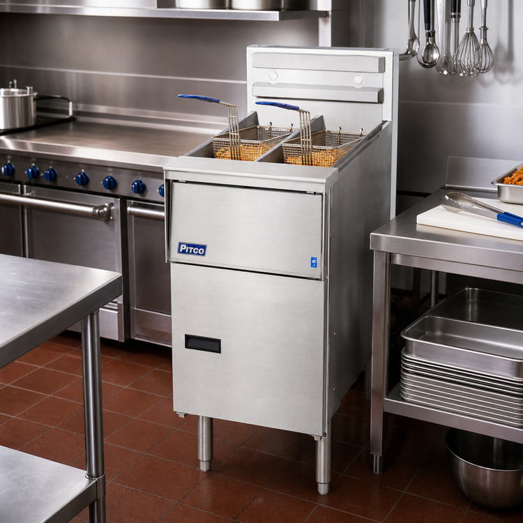 Product image #2 for Pitco Solstice SE14T Electric Floor Model Commercial Deep Fryer with Split Frypot, Dual 20-25 lb Tanks, 17 kW