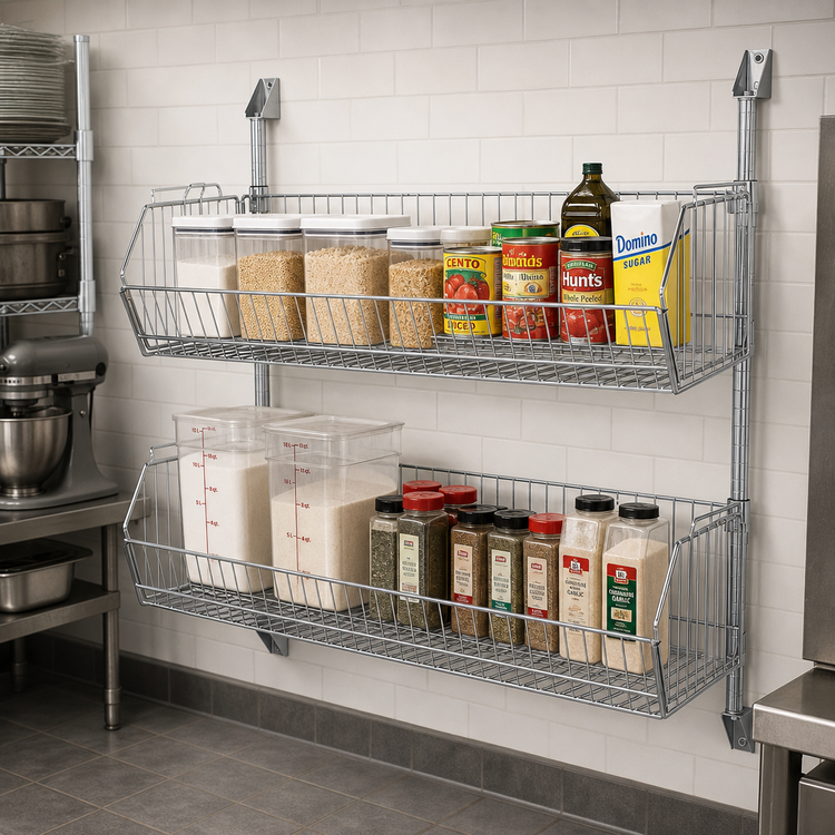 Product image #2 for Quantum Cantilever Wire Basket Post Wall Mount Kit, 48 W x 14 D x 34 H, Chrome Plated