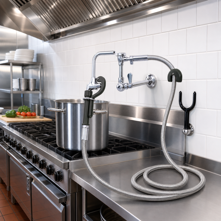 Product image #2 for OptiFlow Lead-Free Single Valve Wall Mount Pot Filler with 72-Inch Braided Hose