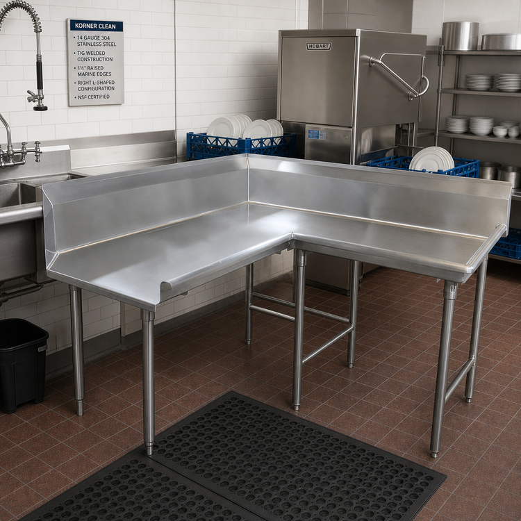 Product image #2 for Advance Tabco Korner Clean 12-Foot (143-Inch) L-Shaped Right Dish Table, 14 Gauge 304 Stainless Steel