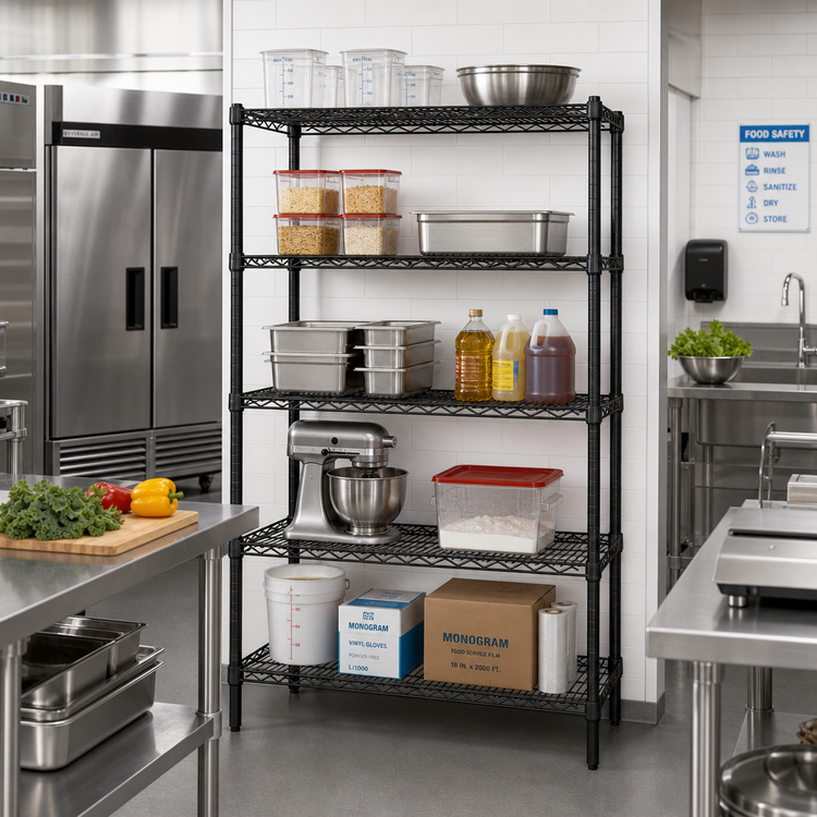 Product image #2 for Quantum 60" x 21" x 86" Stationary Wire Shelving Starter Kit with 5 Shelves, Black Epoxy Antimicrobial Finish