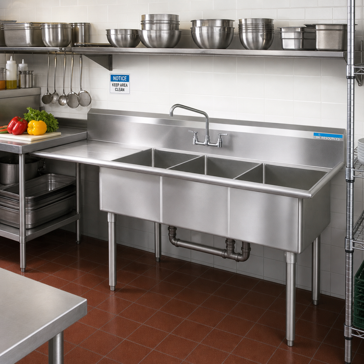 Product image #2 for BK Resources 3 Compartment Stainless Steel Sink with Left Drainboard, 16 x 20 x 12 Inch Bowls