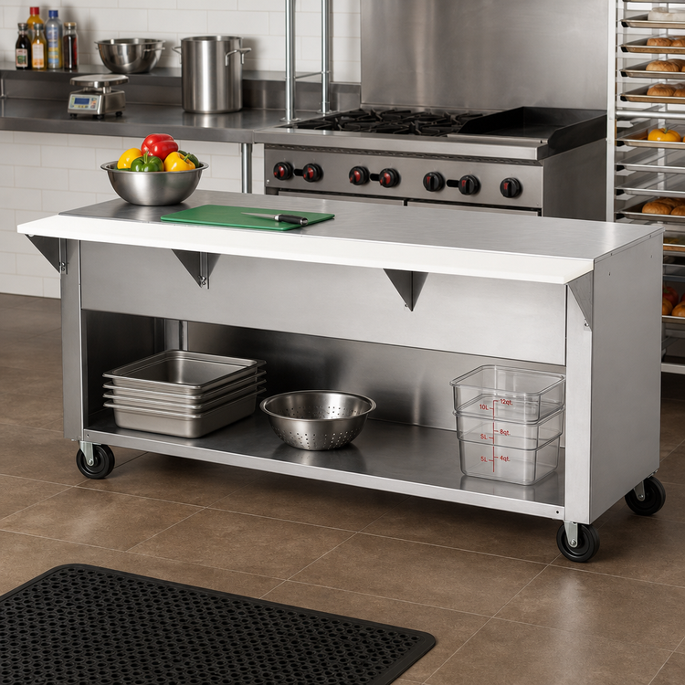 Product image #2 for Advance Tabco Triumph Supreme Solid Top Utility Station Table with Poly Cutting Board and Open Cabinet Base