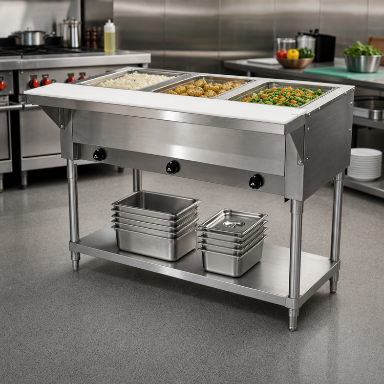 Product image #2 for Advance Tabco Triumph Supreme Open Base 3-Well Natural Gas Hot Food Table with Undershelf and Cutting Board