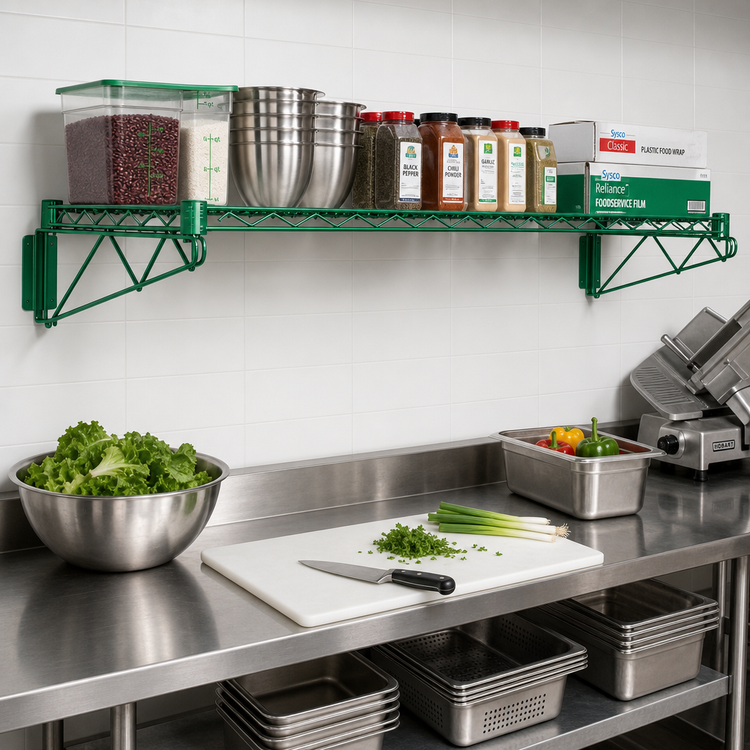 Product image #2 for Quantum Wall-Mount Cantilever Wire Shelf, 60 x 14 Inches, Green Epoxy Antimicrobial Finish