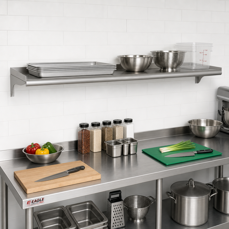 Product image #2 for Eagle Group 84 Inch x 10 Inch Wall-Mounted 16 Gauge 304 Stainless Steel Shelf