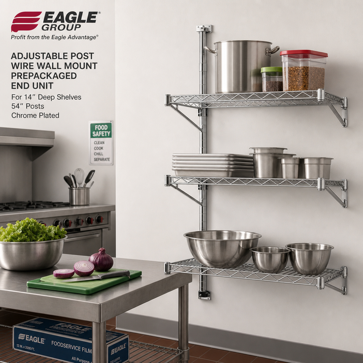 Product image #2 for Eagle Group Adjustable Post Wire Wall Mount Prepackaged End Unit for 14-Inch Deep Shelves, 54-Inch Posts, Chrome Plated