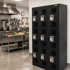 Thumbnail image #2 for Omcan USA 43048 3-Tier 3-Bank Steel Locker with Mesh Doors, 9 Compartments, Black, Floor Mounted