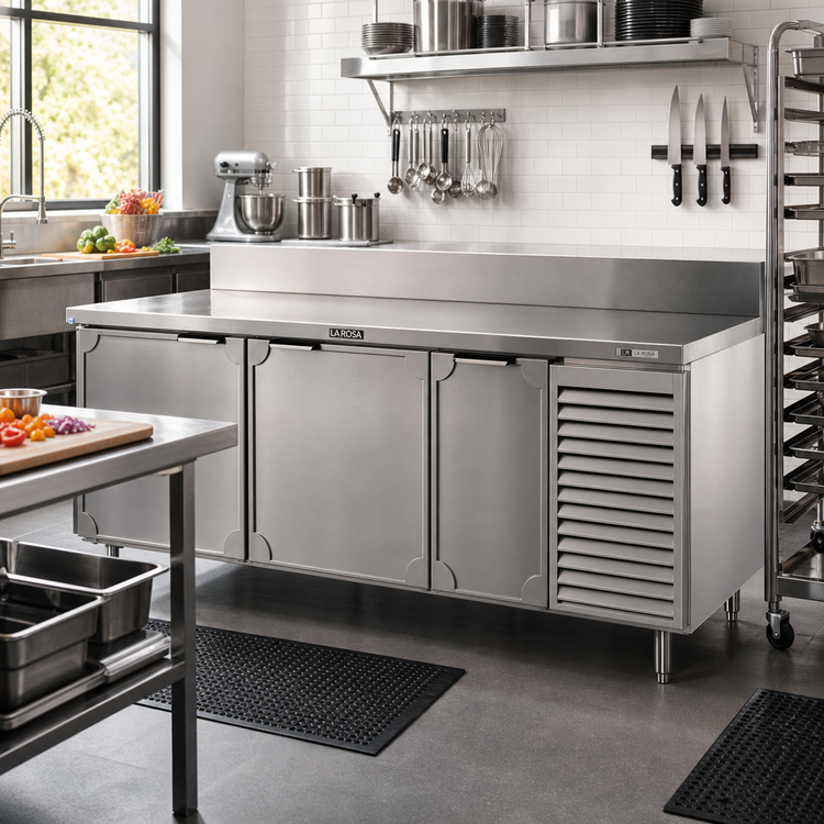 Product image #2 for La Rosa Three-Section Reach-In Work Top Freezer Base with Doors, Self-Contained, 86 Inch Wide, 1/2 HP