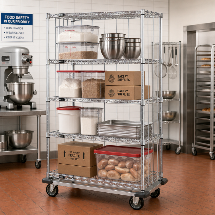 Product image #2 for Quantum 48"W x 24"D x 70"H Mobile Enclosure Cart with 4 Wire Shelves, Chrome Plated Finish