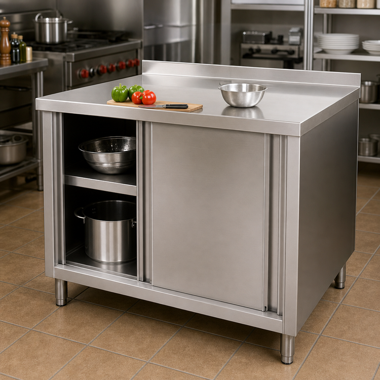 Product image #2 for 72 Inch Stainless Steel Cabinet Base Work Table with Sliding Doors, Middle Shelf, and 2 Inch Rear Up-Turn