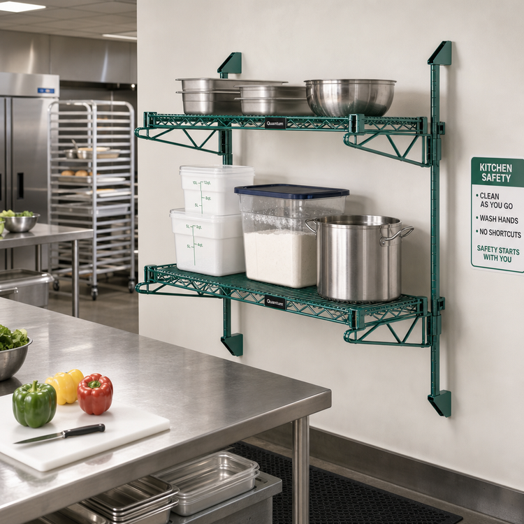 Product image #2 for Quantum Cantilever Double-Shelf Wall-Mount Wire Shelving Kit with 34-Inch Posts, 48 x 24 Inches, Green Epoxy Antimicrobial