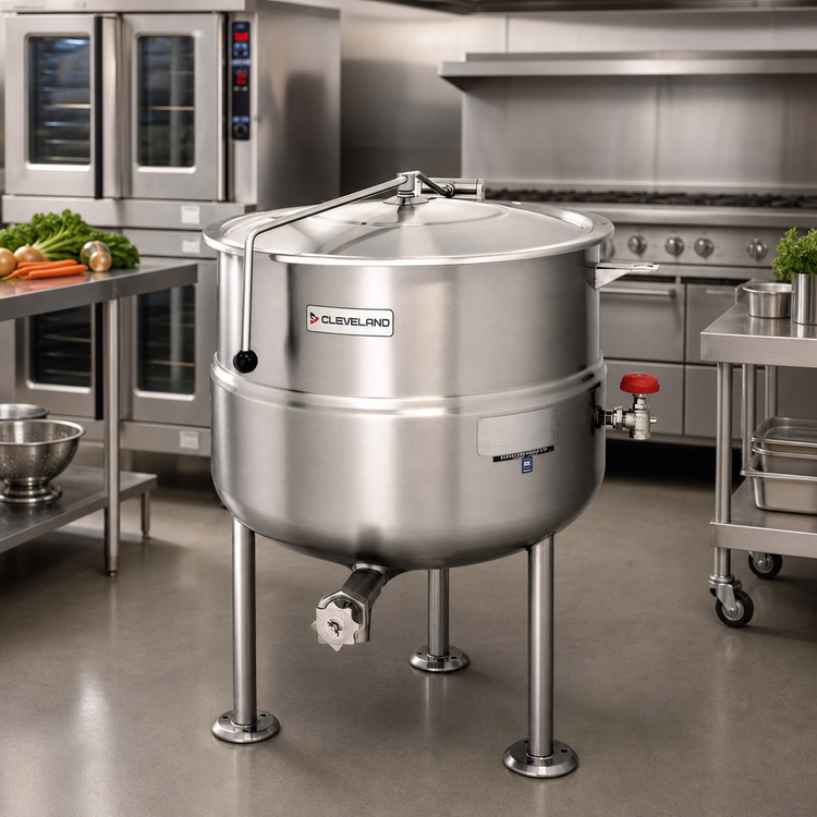 Product image #2 for Cleveland Range KDL25 25-Gallon Direct Steam Kettle with 2/3 Steam Jacket and Tri-Leg Base