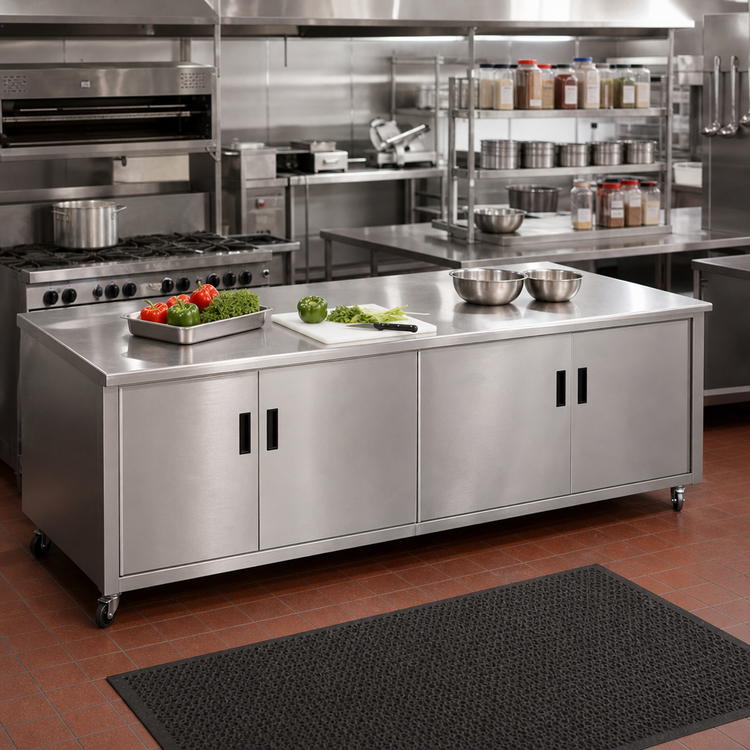 Product image #2 for Advance Tabco 120-Inch x 36-Inch Enclosed Stainless Steel Work Table with Cabinet Base, Mid-Shelf, Hinged Doors, and 14 Gauge 304 Top