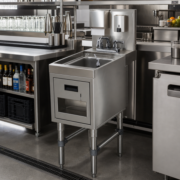 Product image #2 for Advance Tabco Prestige Signature Series Stainless Steel Underbar Hand Sink with Soap & Towel Dispensers, Deck-Mount Faucet, 18 x 25 x 36 Inches