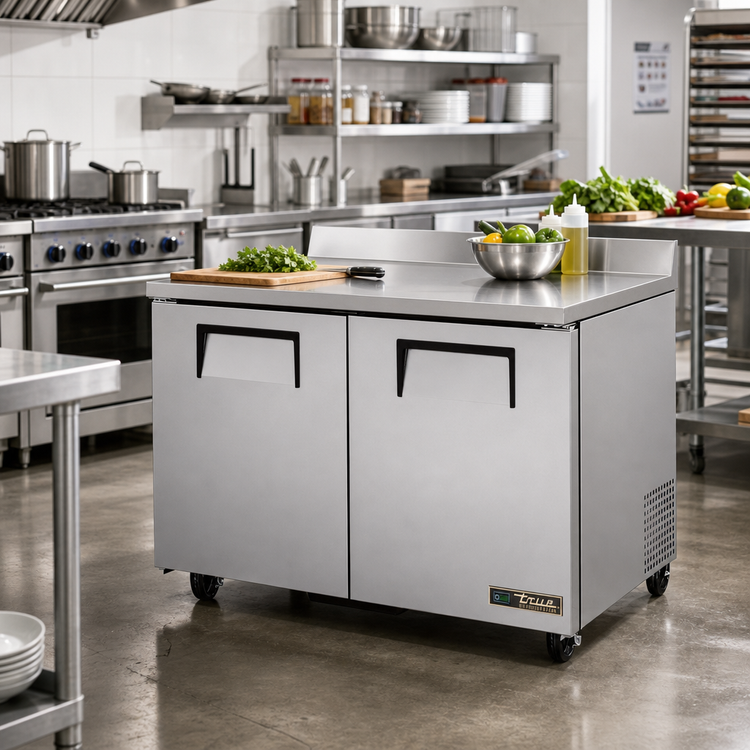 Product image #2 for True 48-Inch Two-Section Worktop Refrigerator with Stainless Steel Top and Solid Doors