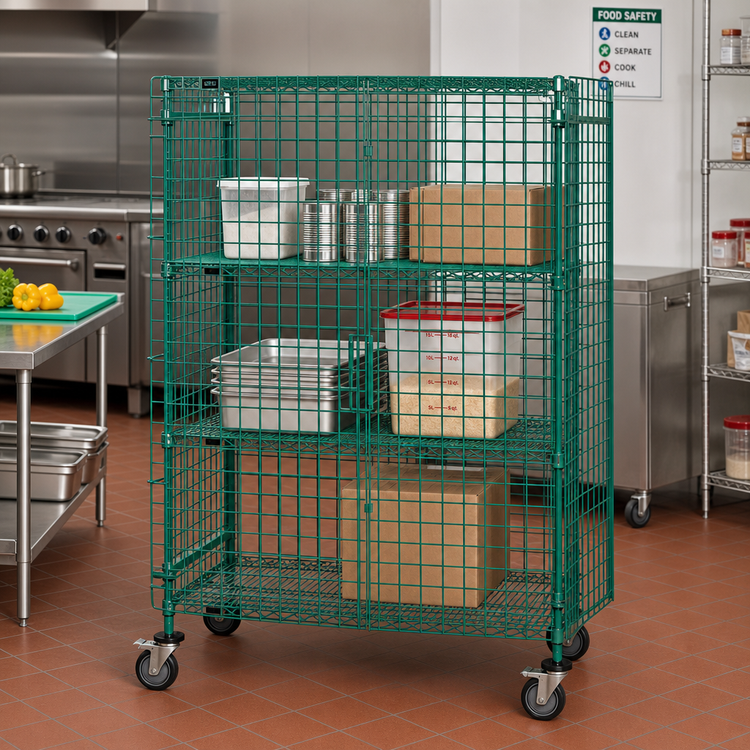 Product image #2 for Quantum Open Wire Mobile Security Cage with 2 Intermediate Shelves, Panel Doors, 48 x 21 x 69 Inches, Green Epoxy Finish