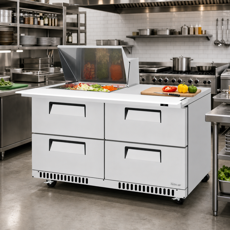Product image #3 for Turbo Air Super Deluxe Two-Section Refrigerated Prep Table Workstation with 4 Drawers and 12-Pan Capacity