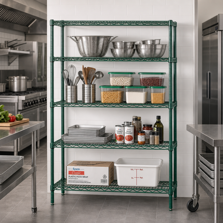 Product image #2 for Quantum 4-Shelf Stationary Wire Shelving Starter Kit, 72W x 18D x 54H, Green Epoxy Coated