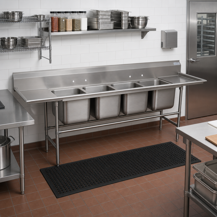 Product image #2 for Advance Tabco Regaline 4-Compartment Sink with Left and Right-Hand Drainboards, 20" x 20" Compartments, 14-Gauge 304 Stainless Steel