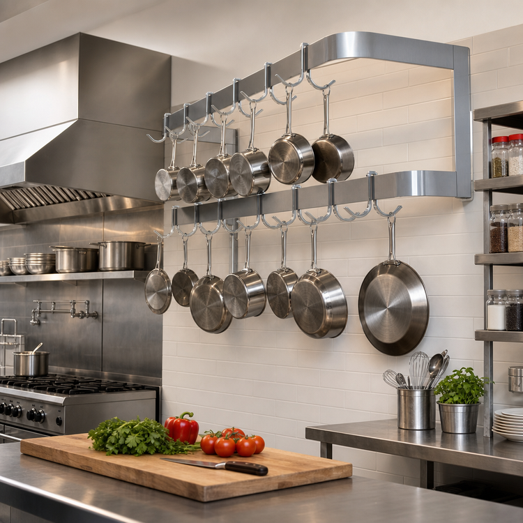 Product image #2 for 96 Inch Wide Wall-Mounted Double Bar Stainless Steel Commercial Pot Rack with 18 Double Hooks