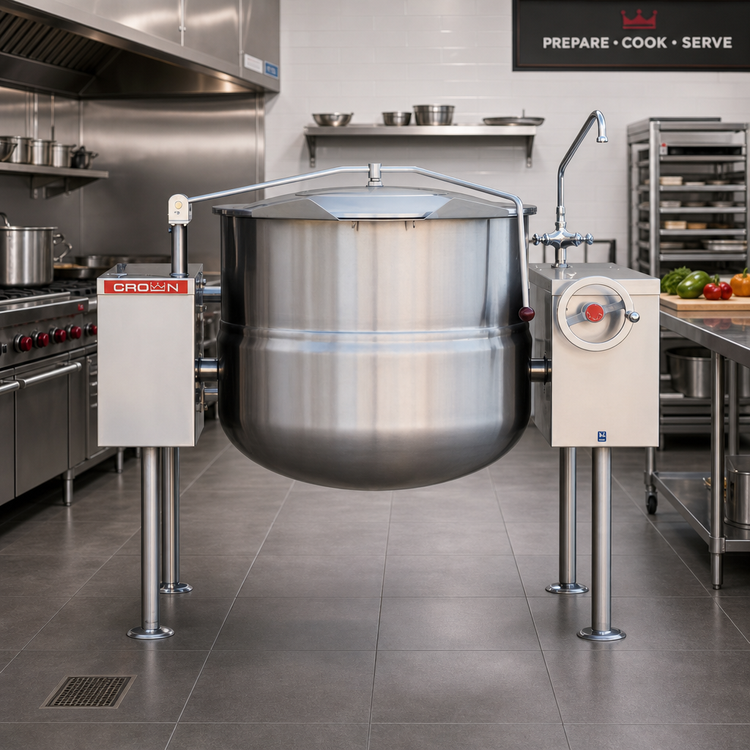Product image #2 for Crown DLT-60TC 60 Gallon Direct Steam Tilting Kettle with Quad-Leg Base