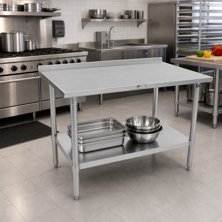 Product image #2 for John Boos Stallion 30" x 30" 16-Gauge Stainless Steel Corner Work Table with 1-1/2" Rear Up-Turn and Adjustable Undershelf